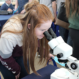 Female grade 11 student looking into a microscope