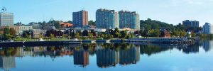 Cityscape photo of downtown Barrie and bay