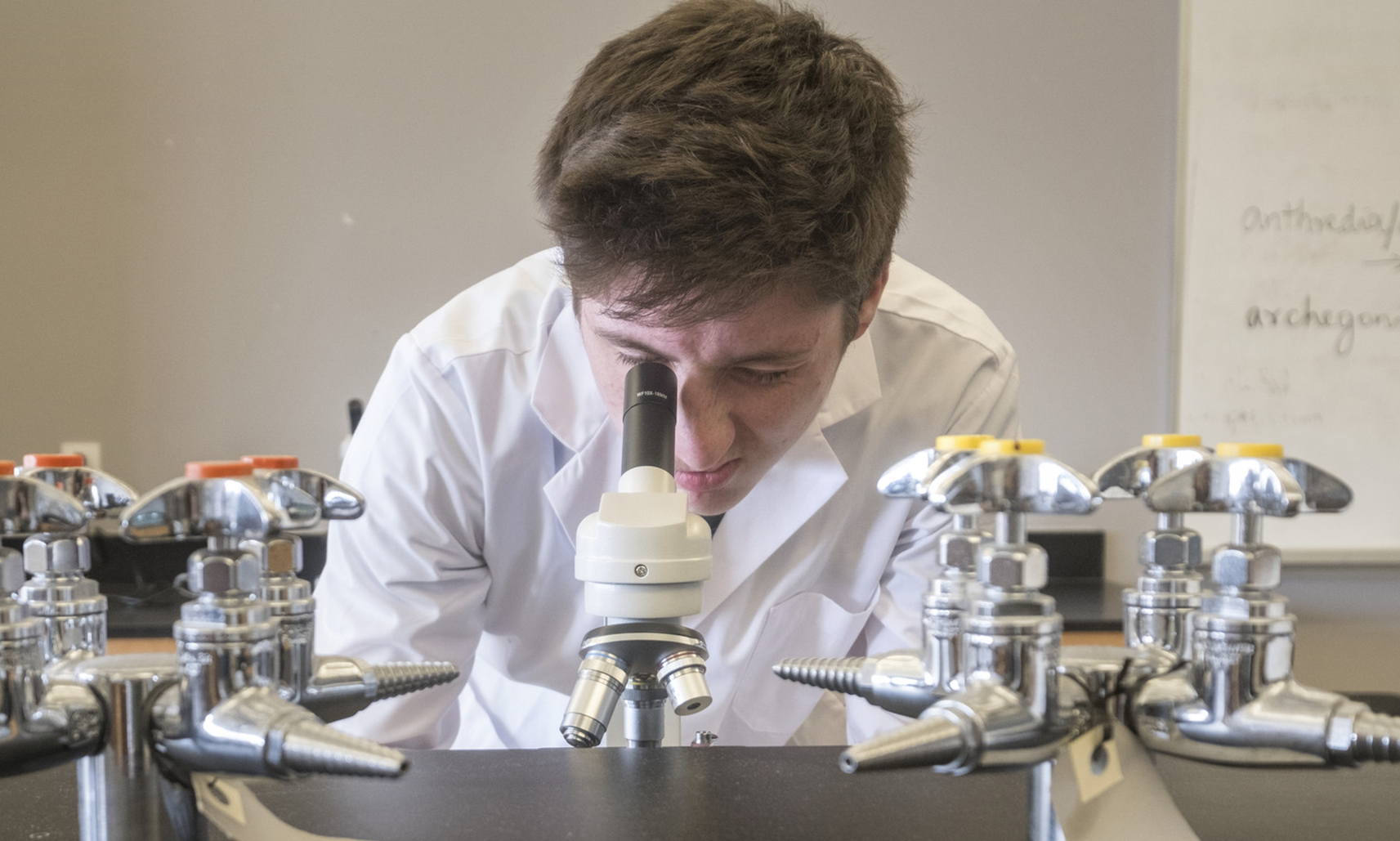 A student looks through the lens of a microscope during a biology class at Lakehead-Georgian