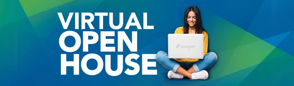 Georgian College's Virtual Open House, featuring a female student sitting cross-legged using a laptop